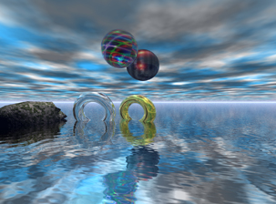 Spheres supended in air with rings in the water